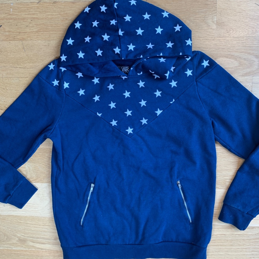 Star Pattern Navy Blue Hoodie Sweatshirt with Zipped Pockets